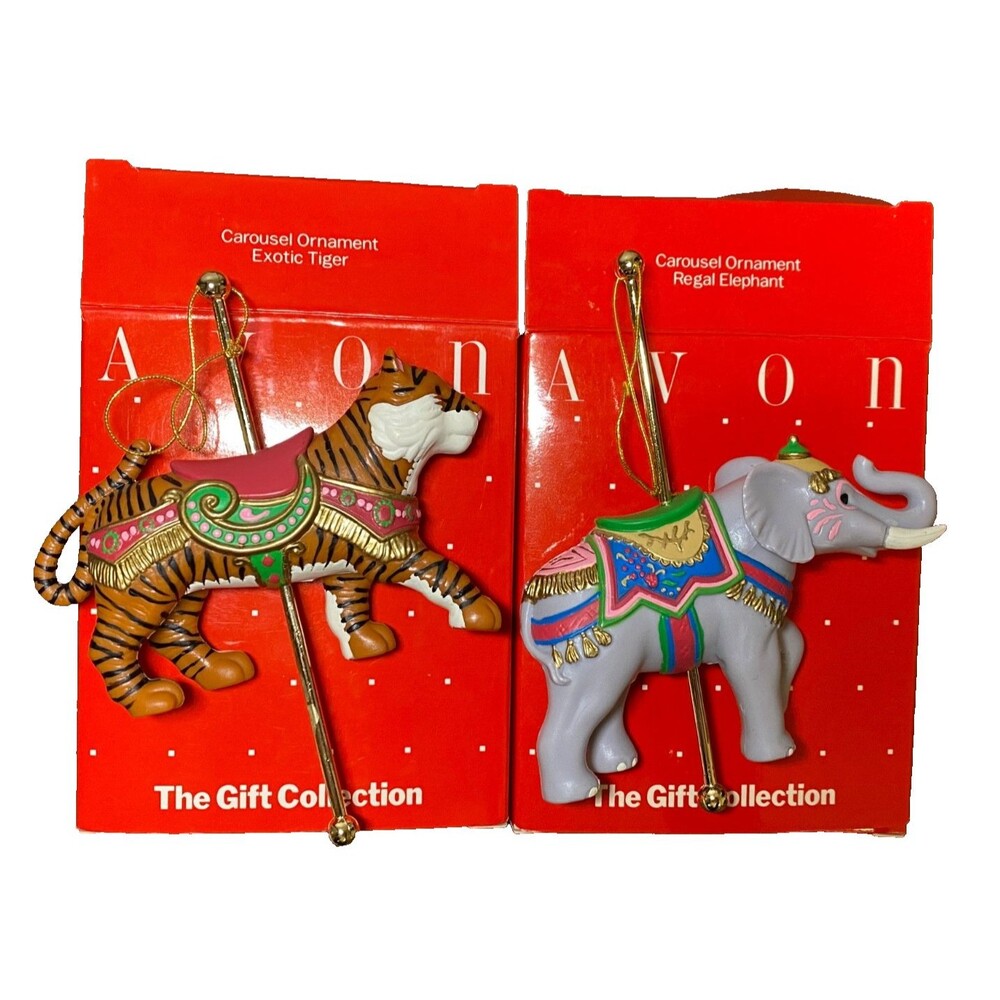 Vtg AVON Carousel Christmas Ornaments Exotic Tiger Regal Elephant Circus w/Boxes